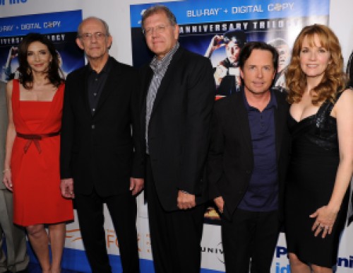 NEW YORK - OCTOBER 25:  (L-R) Actors Mary Steenburgen, Christopher Lloyd, Robert Zemeckis, Michael J. Fox and Lea Thompson attend the "Back to the Future" 25th anniversary trilogy Blu-Ray release at Gustavino's on October 25, 2010 in New York City.  (Photo by Bryan Bedder/Getty Images)